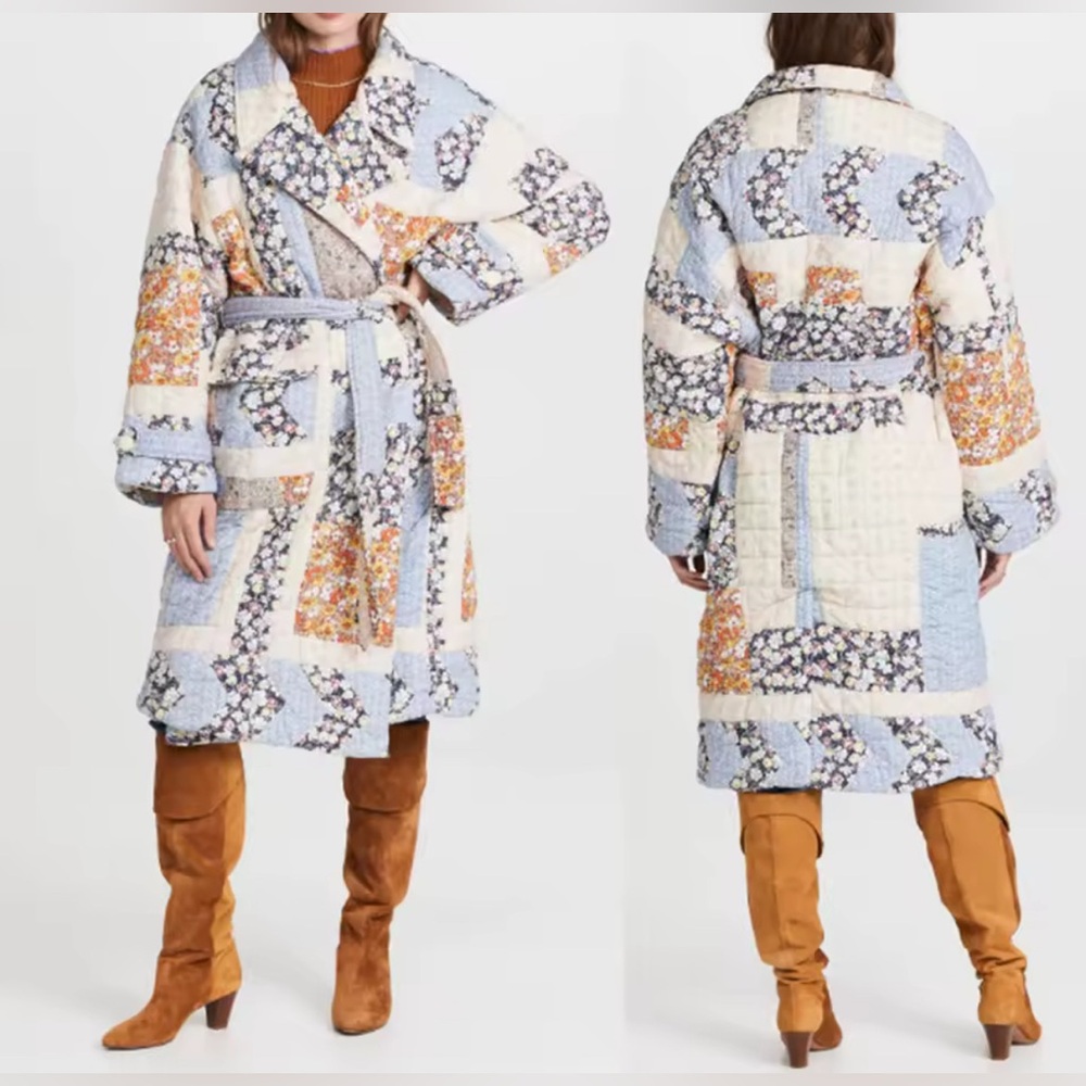 NEW $298 Floral Patchwork Belted Midi Coat